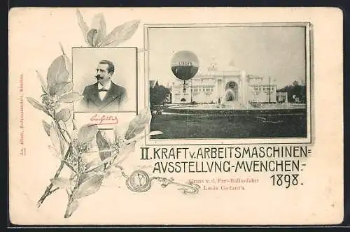 AK München, II. Kraft- und Arbeitsmaschinen-Ausstellung 1898, Ausstellungshalle, Ballon v. Louis Godard