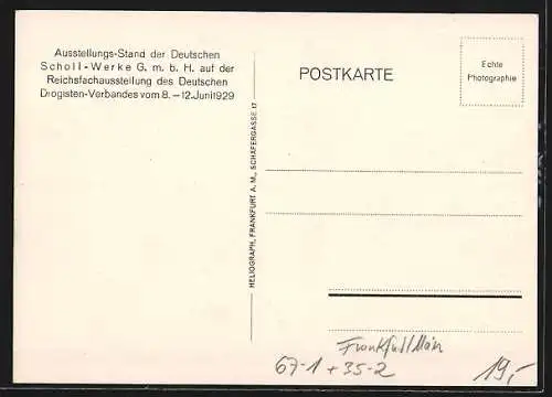 AK Frankfurt /Main, Reichsfachausstellung des Deutschen Drogisten-Verbandes 1929, Stand der Deutschen Scholl-Werke GmbH