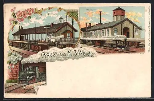 Lithographie Flensburg, N. S. Weiche, Bahnhof und Werkstatt