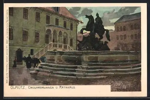 Künstler-AK Raoul Frank: Olmütz, Caesarbrunnen u. Rathaus