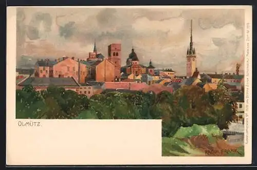 Künstler-Lithographie Raoul Frank: Olmütz, Stadtpanorama