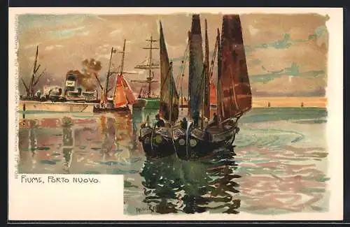 Künstler-Lithographie Raoul Frank: Fiume, Porto Nuovo, Segelboote