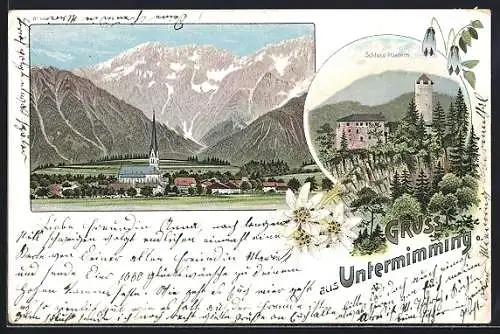 Lithographie Mieming / Tirol, Untermieming, Schloss Klamm, Totalansicht