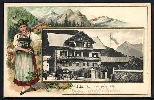 Passepartout-Lithographie Scharnitz, Hotel goldener Adler & Frau in tiroler Tracht