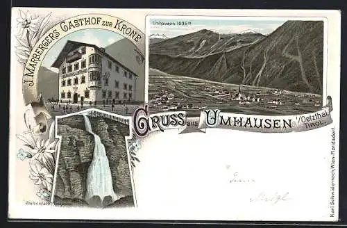 Lithographie Umhausen i. Oetzthal, J. Marberger`s Gasthof zur Krone, Stuibenfall, Gesamtansicht