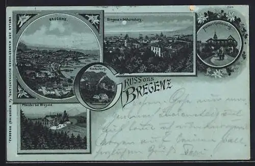 Mondschein-Lithographie Bregenz, Ansicht vom Gebhardsberg, Plateau und Pfänder b. Bregenz