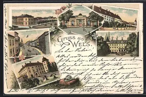 Lithographie Wels, K. K. Kavalleriekaserne, Gasthaus Volkshalle, Pollheimer Anlage, Schloss Puchberg, Stadtplatz