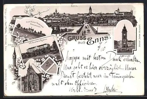 Lithographie Enns, K. K. Cavallerie-Kaserne, Stadtplatz und Stadtpfarrkirche