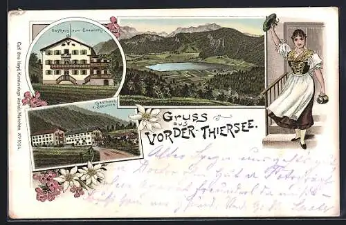 Lithographie Vorder-Thiersee, Gasthaus zum Seewirth, Panorama mit See und Dame in Tracht