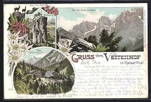 Lithographie Ebbs /Tirol, Veitenhof, dritter Hof im Kaiserthal, Teufelskanzel, Der wilde Kaiser von Norden