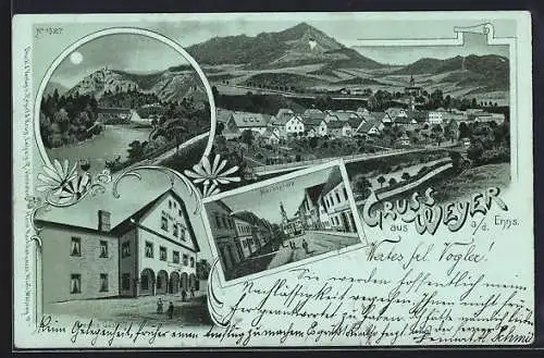 Mondschein-Lithographie Weyer a. d. Enns, Marktplatz, Krenn`s Gasthof und Panorama