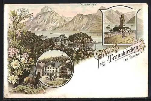 Lithographie Traunkirchen am Traunsee, Blick über den Ort, Haus Emerich Widl, Gemse