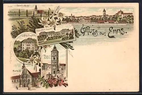 Lithographie Enns, K. k. Kavallerie-Kaserne, Gräfl. Rechberg-Villa, Turm und Stadtplatz