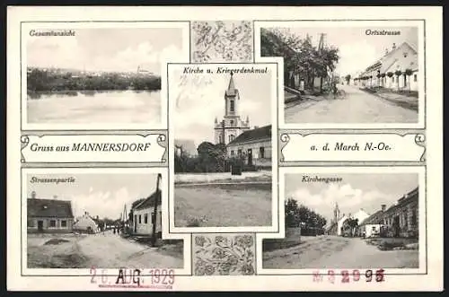 AK Mannersdorf a. d. March, Kirchengasse, Ortsstrasse, Kirche und Kriegerdenkmal, Gesamtansicht