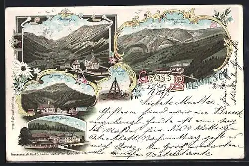 Lithographie Seewiesen /Steiermark, Hochschwab-Spitze, Ortsansicht mit Staritzen, Brandhof a. Seeberg, Dullwitz