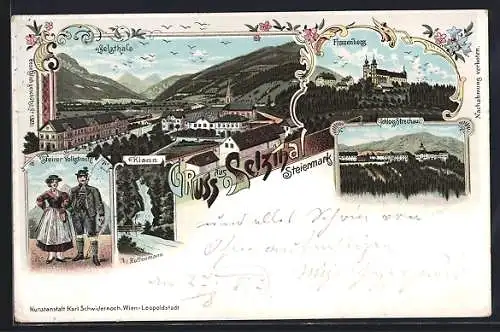 Lithographie Selzthal, Klamm, Frauenberg, Schloss Strechau