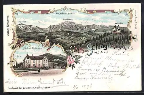 Lithographie Raach am Hochgebirge, Schlagl, Hotel von Joh. Westermayer, Panoramablick vom Hotel aus