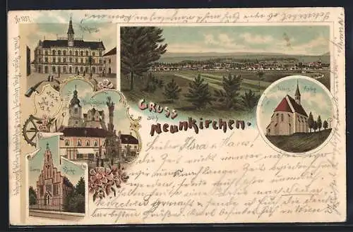 Lithographie Neunkirchen, Rathaus, Pfarrkirche und Peters-Kirche