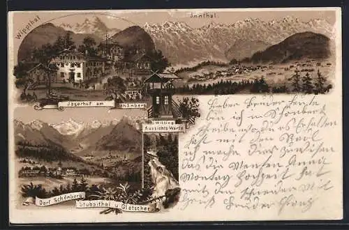 Lithographie Schönberg / Stubaital, Gasthaus Jägerhof, Witting Aussichts-Warte, Gesamtansichten