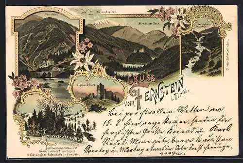 Lithographie Fernstein i. Tirol, Fernsteiner Seen, Sigmundsburg, Schlittenfahrt Ludwig II.