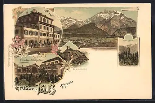 Lithographie Telfs, Hotel zur Post mit Veranda, Ruine Klamm, Ortsansicht mit Umgebung