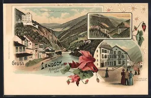 Lithographie Landeck /Arlbergbahn, Gasthof zum schwarzen Adler mit Veranda, Triesenna-Brücke