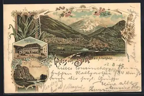 Lithographie Zirl a.d. Arlbergbahn, Totalansicht, Gasthaus zum Löwen