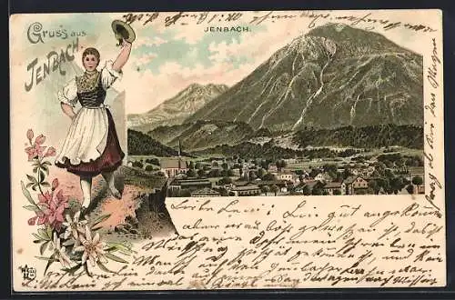 Lithographie Jenbach, Ortspanorama, Tirolerin in Tracht schwenkt ihren Hut