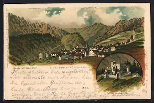 Künstler-AK F.A.C.M. Reisch: Nauders im Oberinnthal, Schloss Naudersberg, Panorama u. Teufeiszähne mit Finstermünzpass