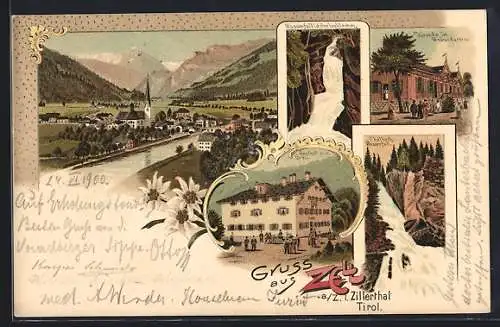 Lithographie Zell im Zillerthal, Gasthof zum Bräu, Veranda, Ortsansicht, Edelweiss