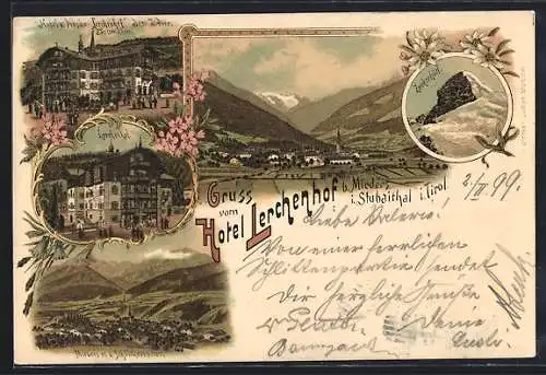 Lithographie Mieders i. Stubaithal, Hotel und Pension Lerchenhof, Bes. J. Peer, Luckerhütl und Bergpanorama