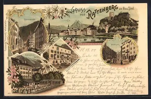 Lithographie Rattenberg, Bienerstrasse, Stadtplatz, Gasthaus Ledererbräu