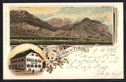 Lithographie Zirl i. Tirol, Gasthof zur Post, Panorama mit Ruinen Fragenstein, Calvarienberg und Martinswand