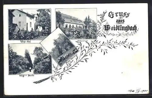 AK Weidlingbach, Gasthaus Weigl-Hof, Volks-Schule und Vesperthürmchen