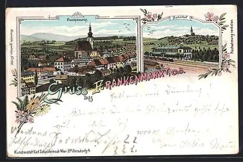 Lithographie Frankenmarkt /O.-Ö., Bahnhof und Teilansicht mit Kirche