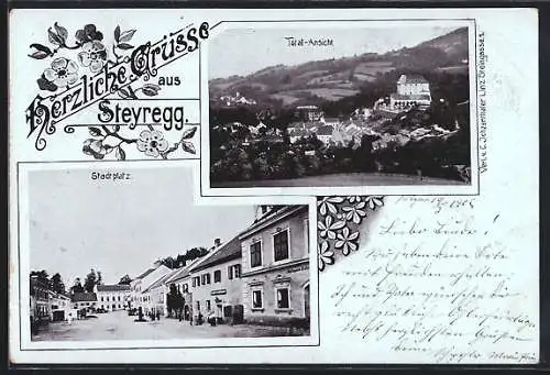 AK Steyregg, Blick über den Stadtplatz, Gesamtansicht