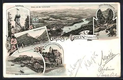 Lithographie Grein a. Donau, Sarmingstein, Gobelwarte, Werfenstein mit dem Strudel