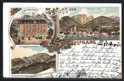 Lithographie St. Wolfgang, Schader`s Gasthof, Hotel Aussicht Schafberg, Ortsansicht mit Bergpanorama