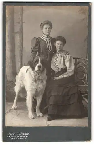 Fotografie Emil Hoppe, Hartmannsdorf, zwei junge Damen in Kleidern mit Bernhardiner Hund