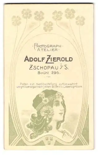 Fotografie Adolf Zierold, Zschopau i. S., Brühl 296, Jugendstil Frauenkopf unter der Anschrift des Ateliers