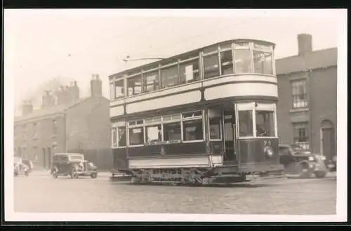 Fotografie M. J. O'Connor, Ansicht Hazel Grove, Strassenbahn Doppeldecker Triebwagen Nr. 74, Linie 3 nach Reddish