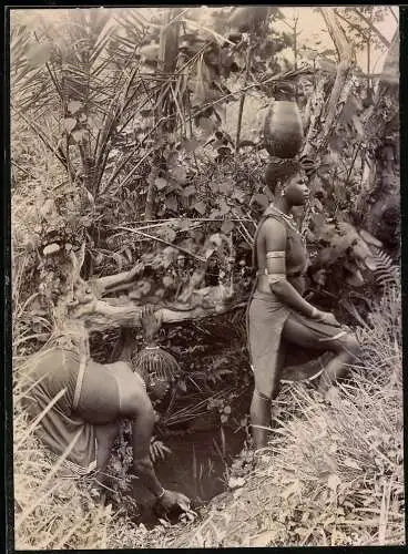 Fotografie afrikanische Volkstypen, eingeborene afrikanische junge Frauen holen Wasser an einer Wasserstelle