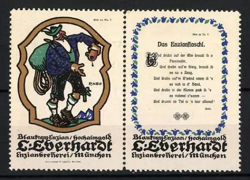 Künstler-Reklamemarken Paul Neu, München, Blautraun Enzian L. Ederhardt, Bergsteiger mit Flasche