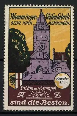 Reklamemarke Memmingen, Seifen mit Stempel A-Z, Kirche und Stadttor