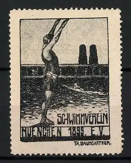 Künstler-Reklamemarke Baumgartner, München, Schwimmverein 1889 e.V., Schwimmer am Wasser