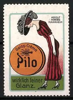 Reklamemarke Mannheim, Schuhputz Galop Crème Pilo, elegant gekleidete Frau