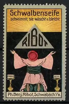 Reklamemarke Schwabach, Schwalbenseife, Frau mit erhobenen Armen