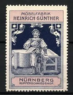 Reklamemarke Nürnberg, Möbel Fabrik Heinrich Günther, Tischler an Hobelbank stehend