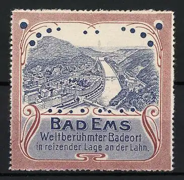 Reklamemarke Bad Ems, Weltberühmter Badeort, Panorama der Lahn