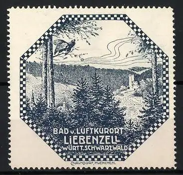 Reklamemarke Bad Liebenzell, Bad u. Luftkurort Liebenzell, Schwarzwaldlandschaft